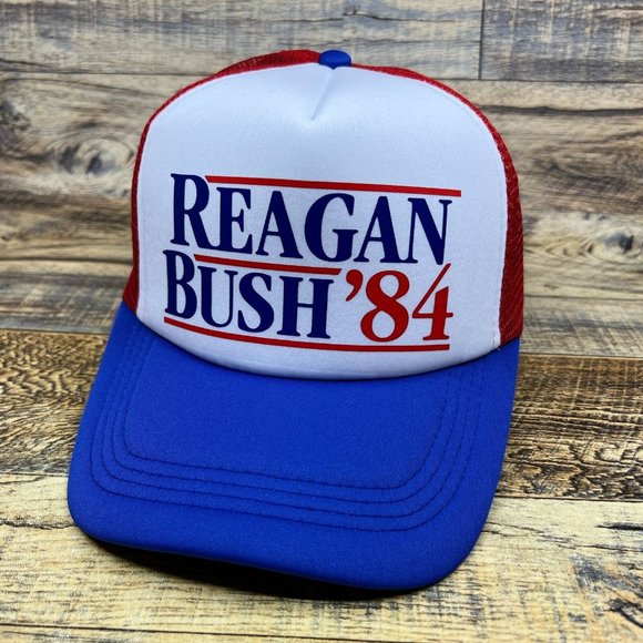 Reagan Bush '84 Mens Trucker Hat Blue Snapback USA President Retro Baseball Cap - Picture 1 of 8